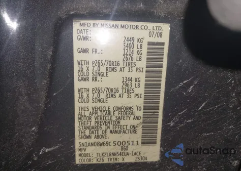 2009 Nissan Xterra S z USA, uszkodzony, nr VIN 5N1AN08W69C500511